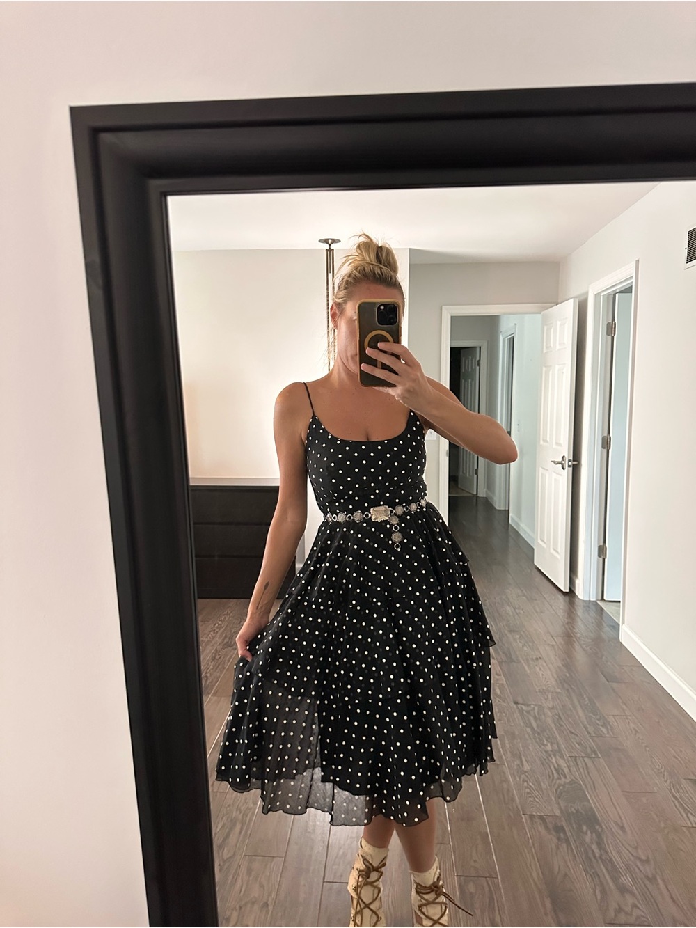 Vintage Tiered Polka Dot Midi Dress - Black
